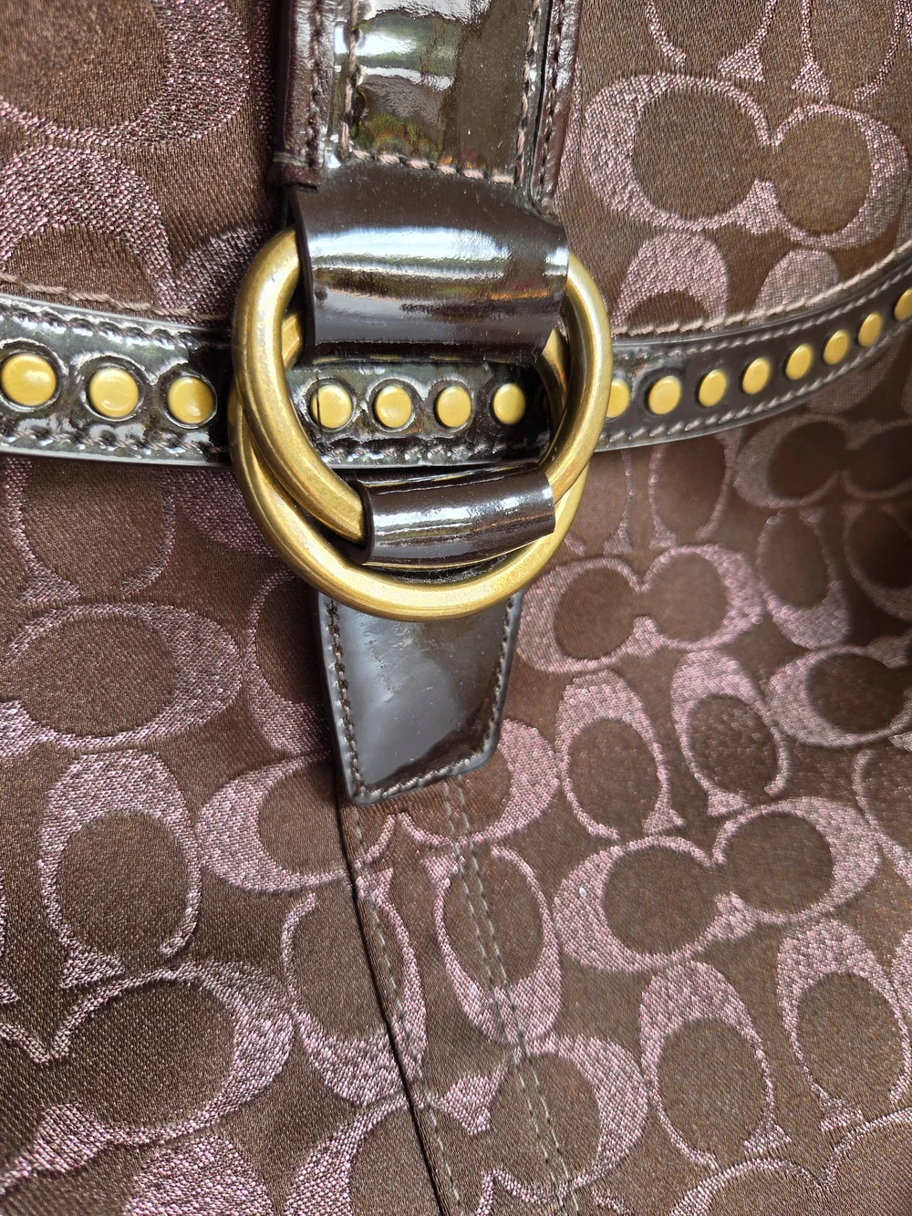 Coach Brown Signature Monogram Shoulder Bag with Gold Stud Accents, Dust Bag,Y2K